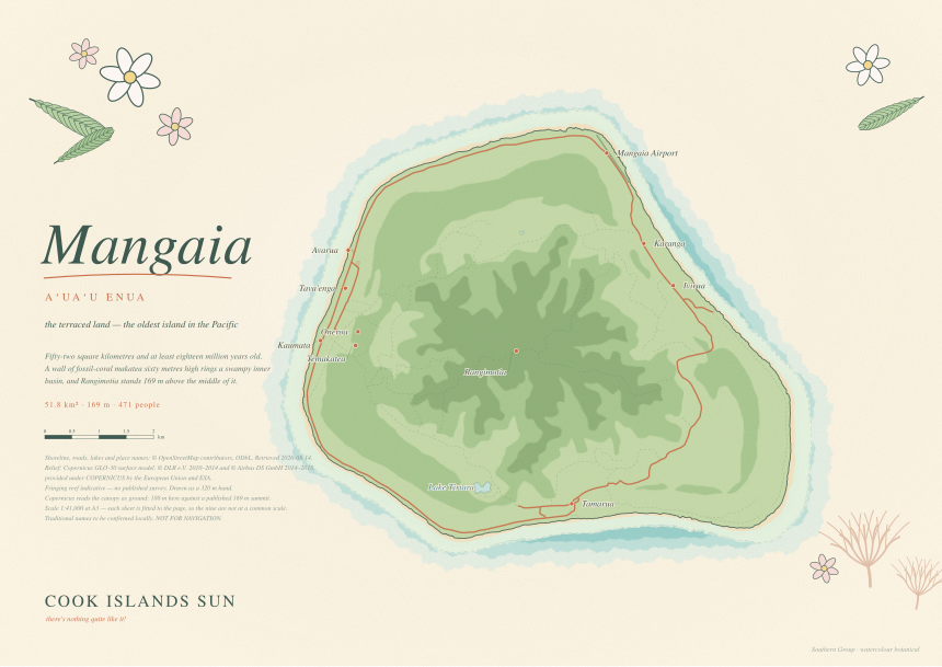 Watercolour Botanical map of Mangaia