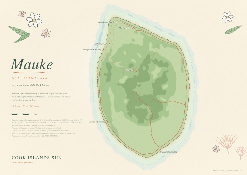 Watercolour Botanical map of Mauke